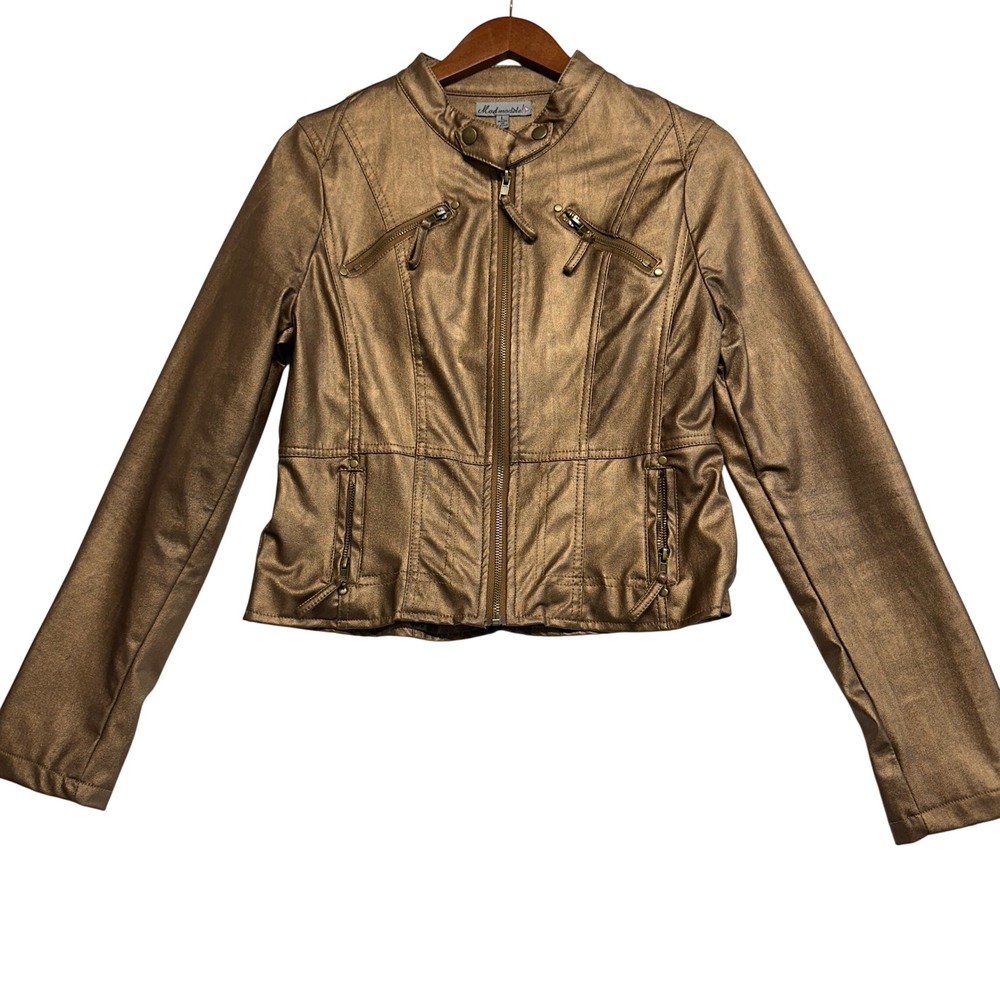 Mod Modele Womens Metallic Bronze Faux Leather Moto Jacket Large Full Zip